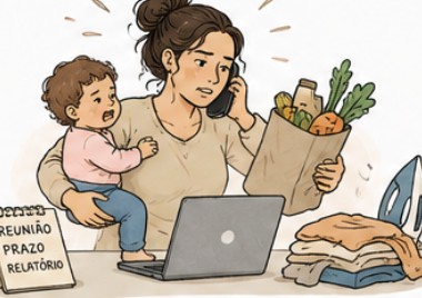 Mulher sobrecarregada com filho no colo, telefone, compras e trabalho