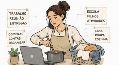 Mulher dando conta de trabalho, casa e filhos ao mesmo tempo