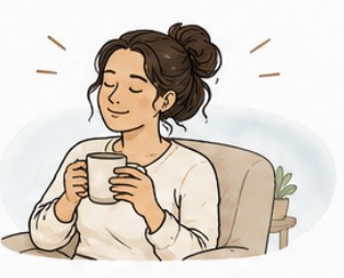 Mulher descansando tranquila com uma caneca nas mãos